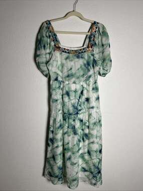 Johnny Was Workshop Jade Marble Puff Sleeve Embroidered Tie Dye Midi Dress Sz XS